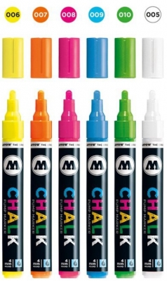 Marker creta lichida, varf rotund, 4 mm, Chalk Marker Neon, 6 culori/set Molotow 